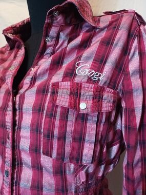 Coogi Vintage Western Cowgirl Red/Pink Plaid Snap-Up Shirt with Metallic Stripe